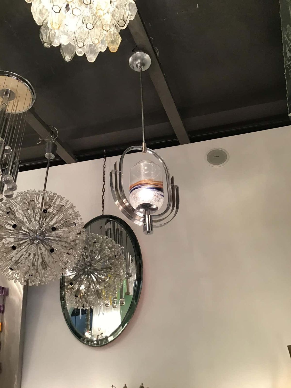 photo for sale Vistosi Chandelier Murano Glass Metal Crome 1960 Italy