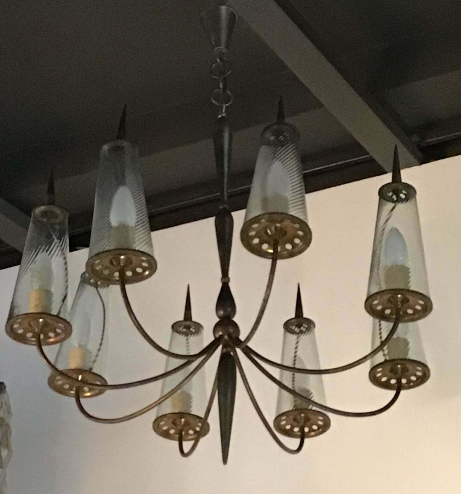 Couple Chandlers Brass Glass 8 Lights, Italy, Attributed To Stilnovo Circa 1948 photo for sale