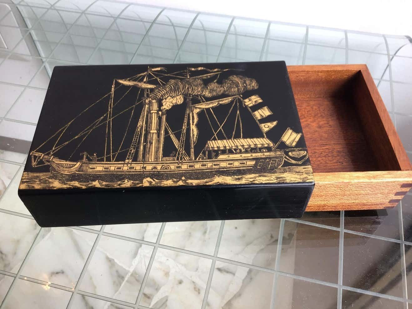 Piero Fornasetti Box Wood Metal Crome Gold, 1960, Italy photo vintage