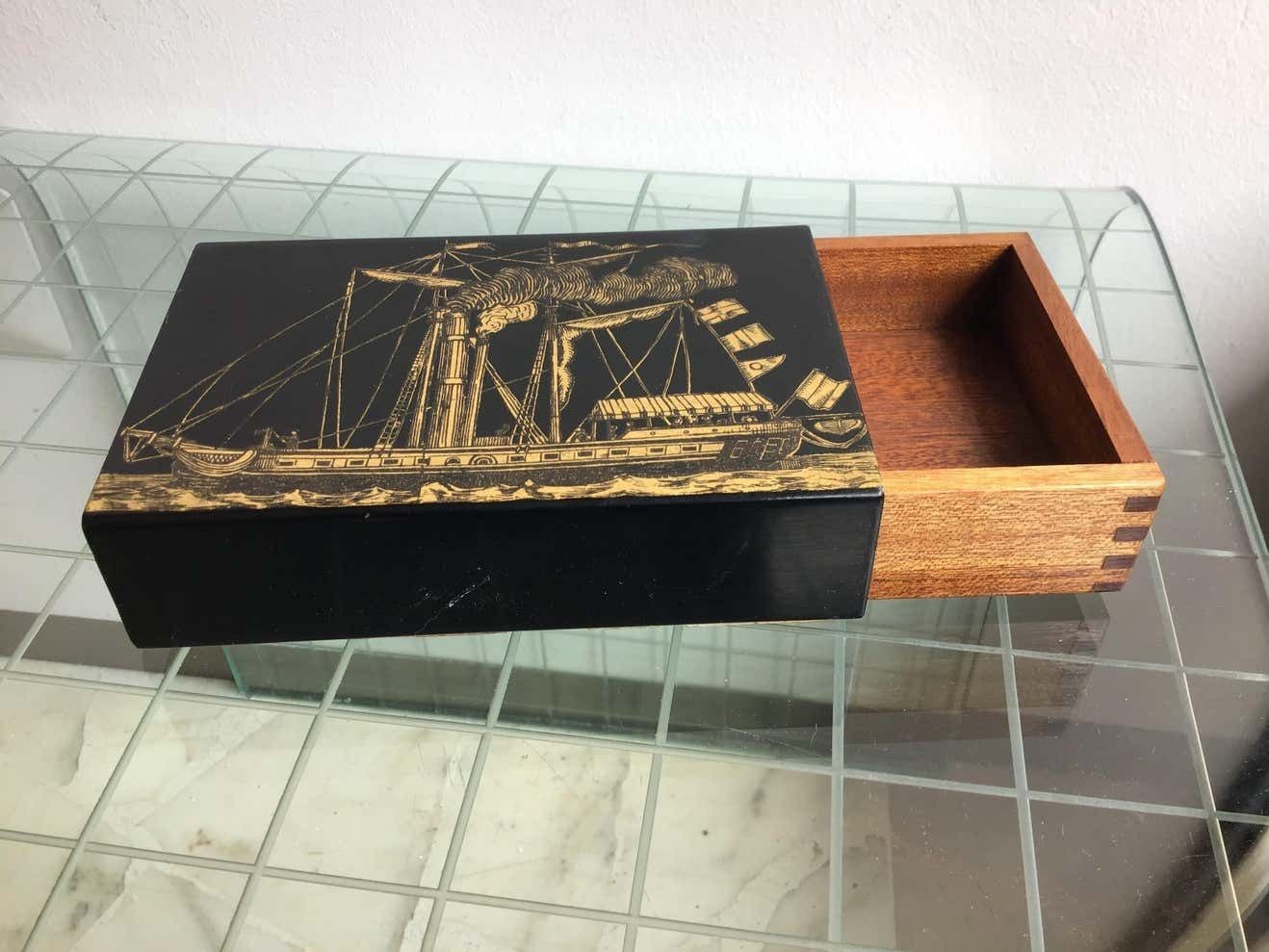 photo for sale Piero Fornasetti Box Wood Metal Crome Gold, 1960, Italy