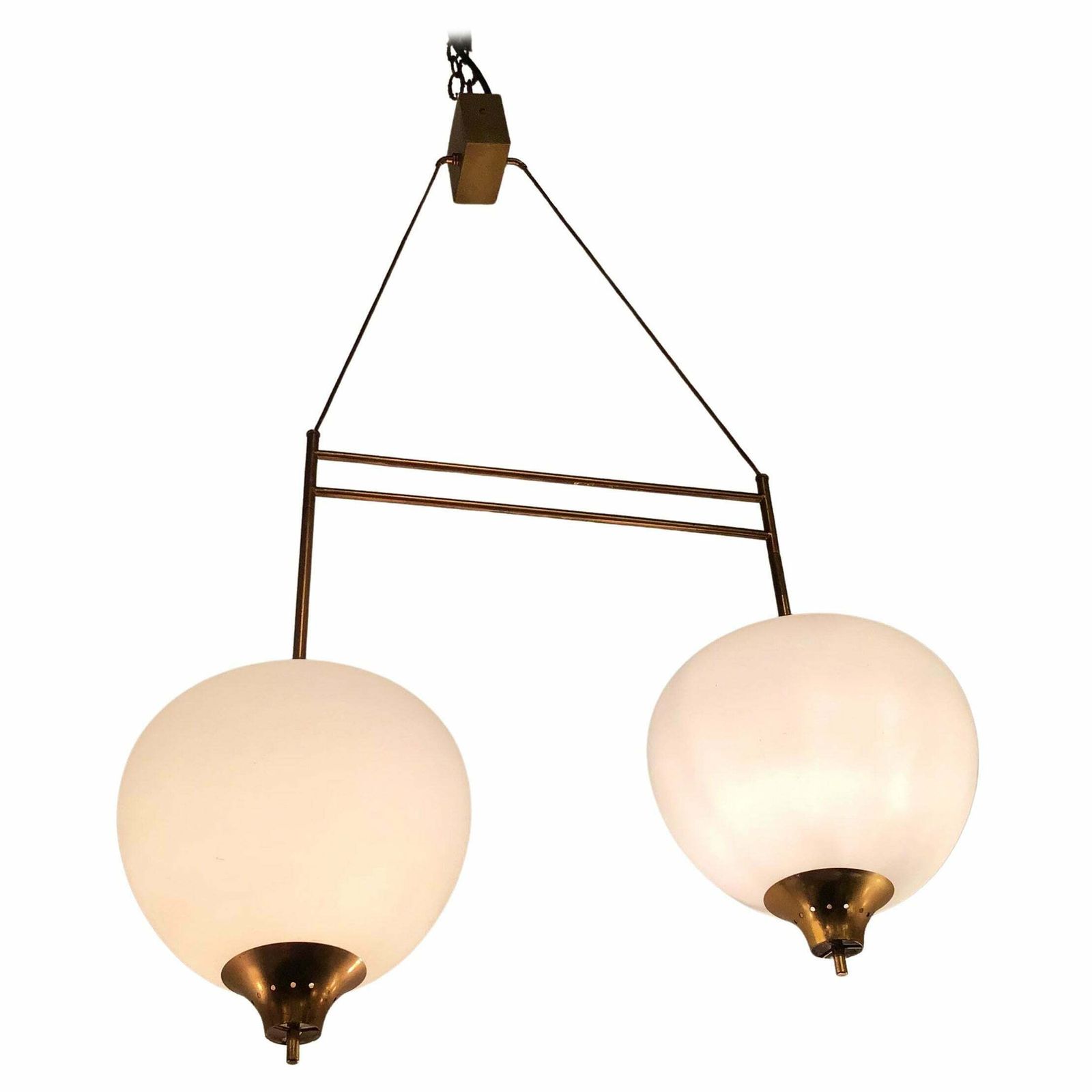 Stilnovo Chandelier Brass Opaline Glass 1950 Italy