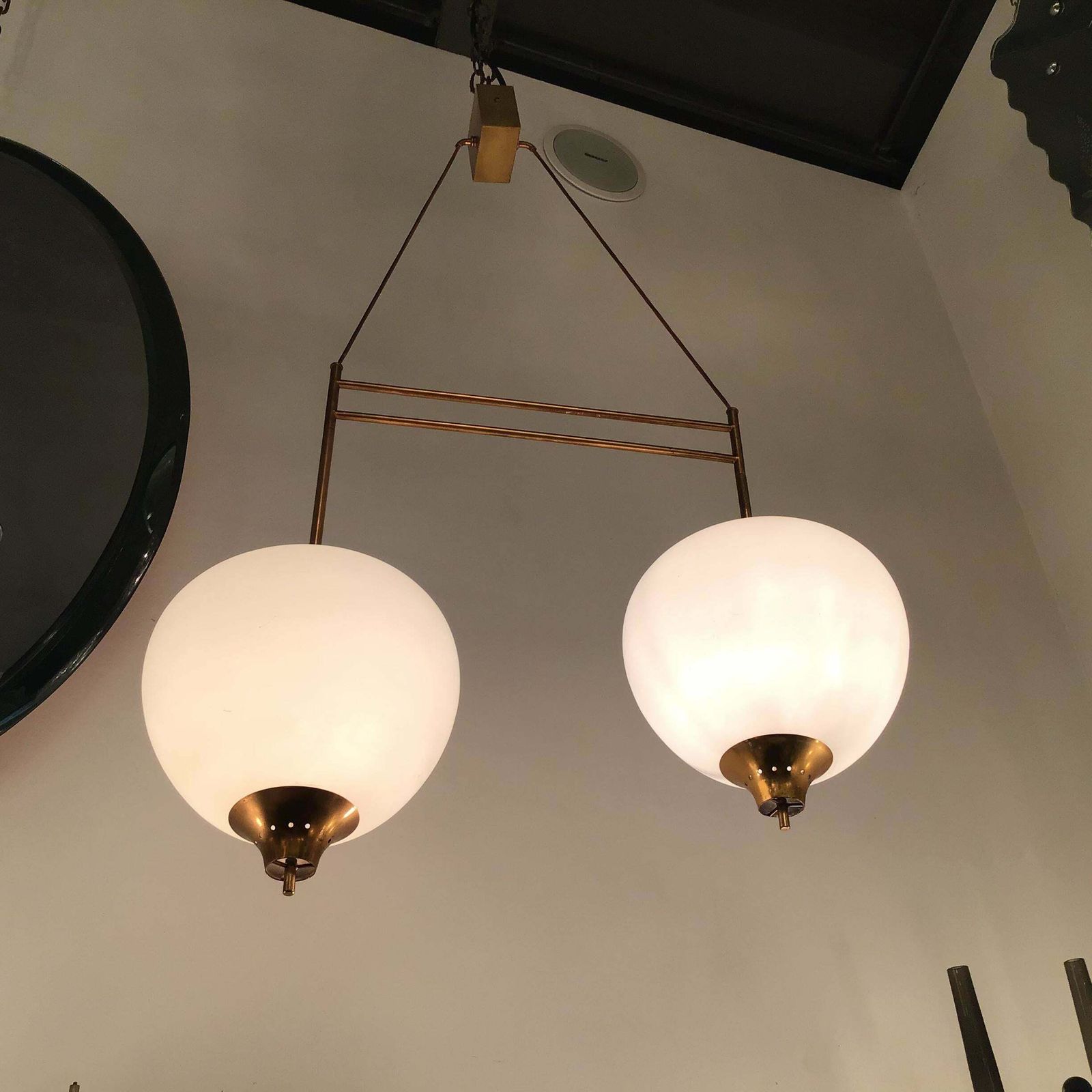 Stilnovo Chandelier Brass Opaline Glass 1950 Italy photo vinterior