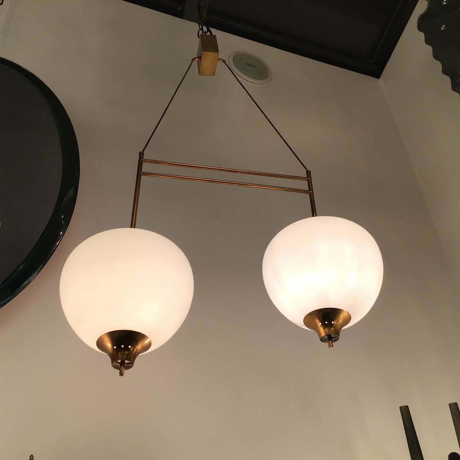 Stilnovo Chandelier Brass Opaline Glass 1950 Italy photo buy