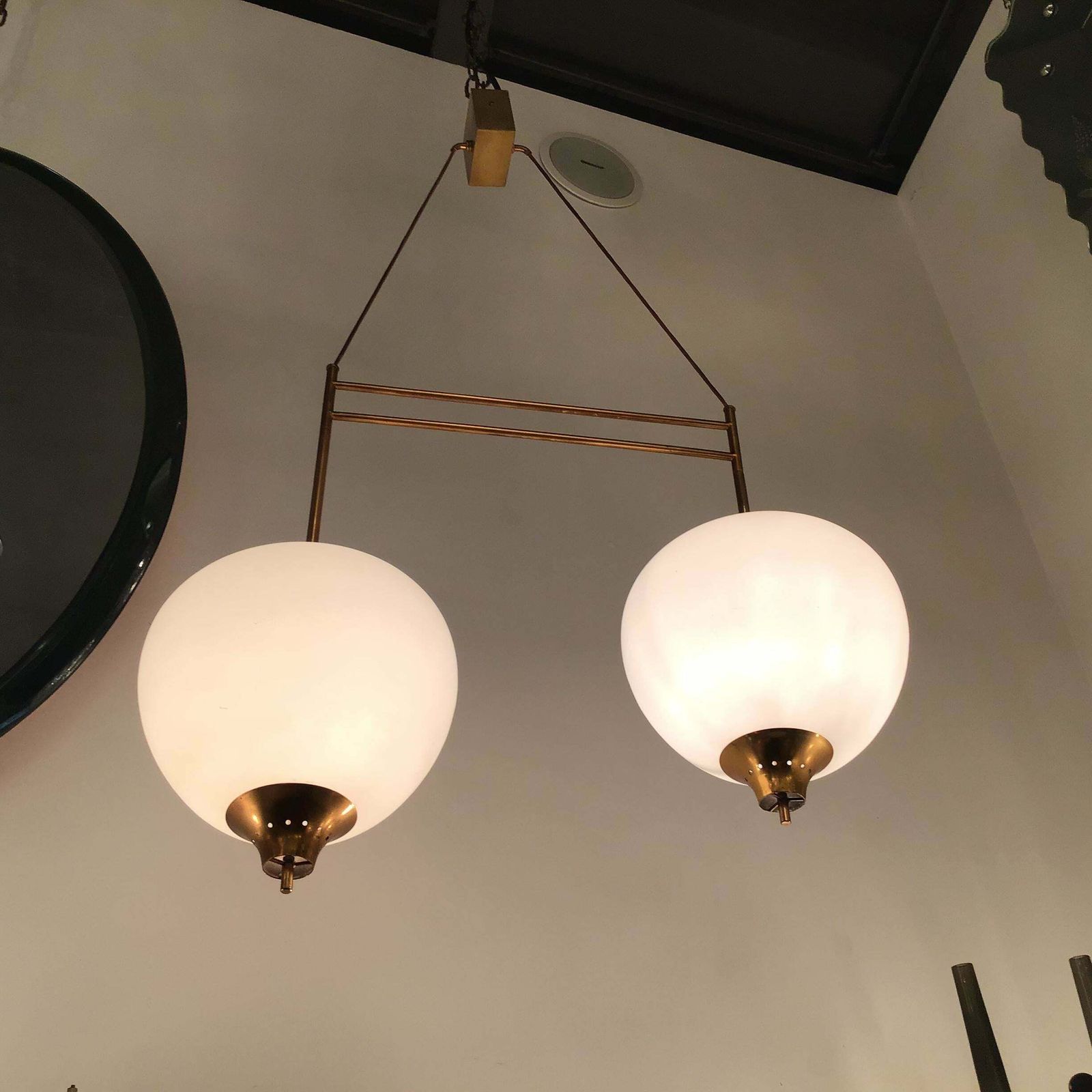 Stilnovo Chandelier Brass Opaline Glass 1950 Italy photo vintage