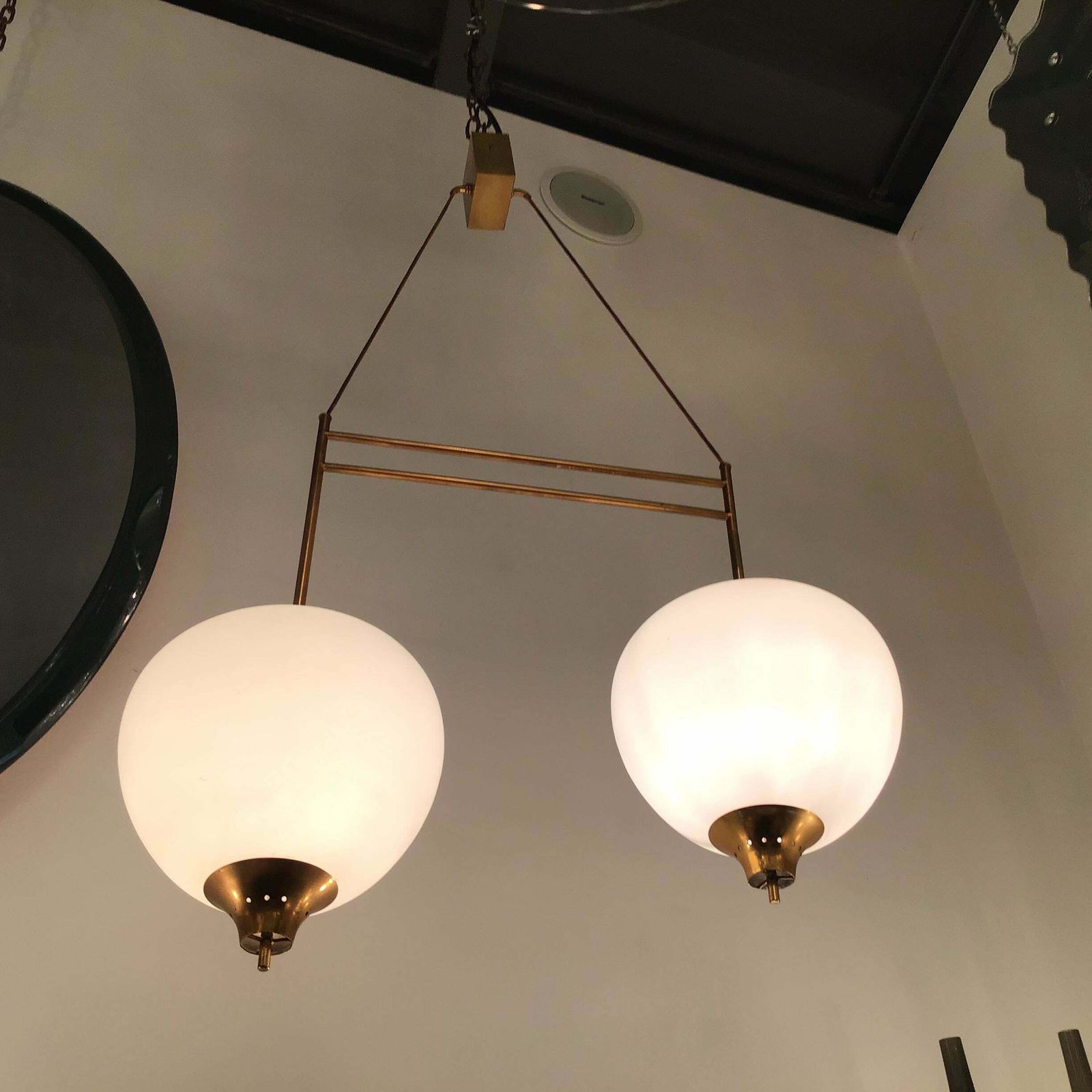 photo furniture Stilnovo Chandelier Brass Opaline Glass 1950 Italy