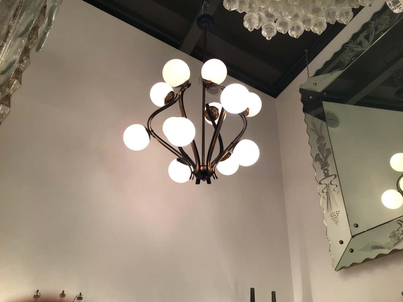 photo buy Chandelier 12 Lights Iron Brass Opalin Glass 1950, Attributed To Stilnovo C 1955