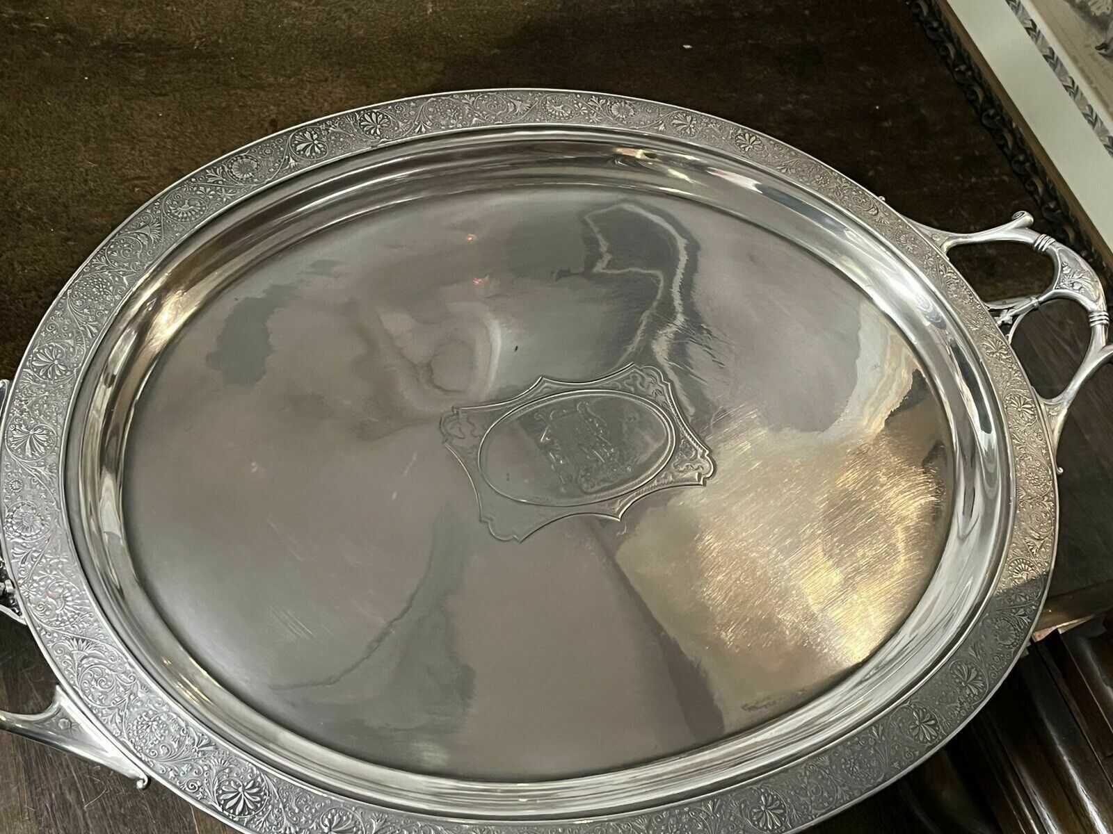 Huge English Art Noveau Butlers Silver Plate Tray With Fine Engraved Detail photo Home Decor