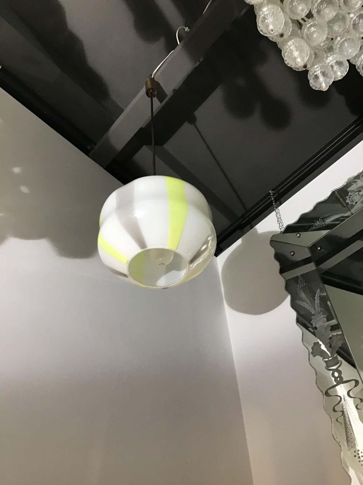 photo for sale Venini Vignelli Chandelier Murano Yellow White Grey Glass Brass, 1950