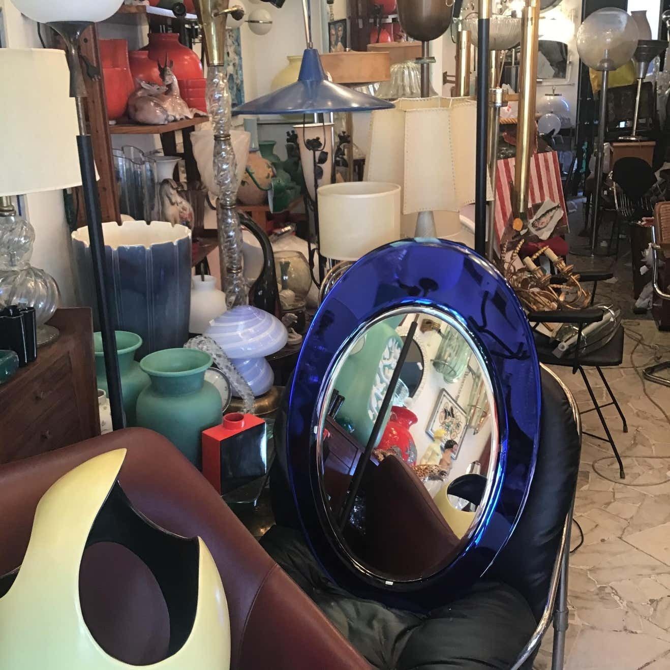 Cristal Arte Mirror Blu Mirrored Glass Metal Crome Wood, 1970, Italy photo buy