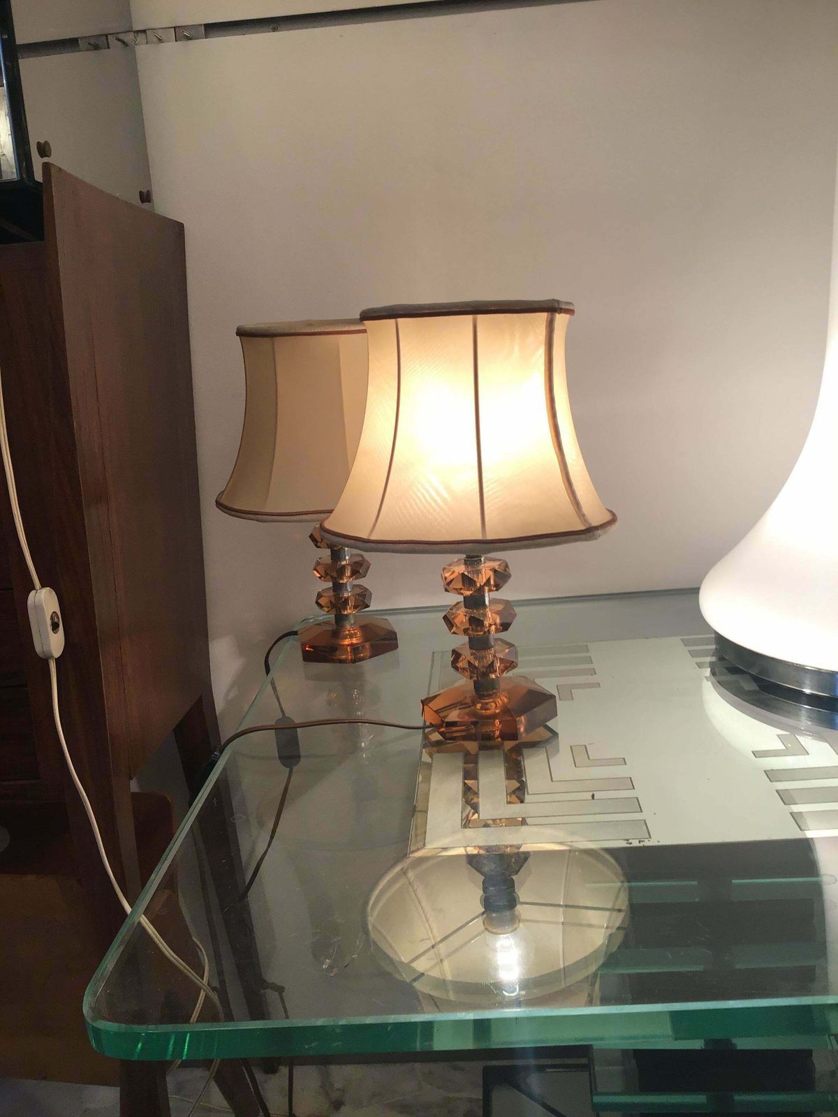 Cristal Arte Table Lamps Glass Metal Crome Fabric Lampshade, 1950, Italy photo furniture