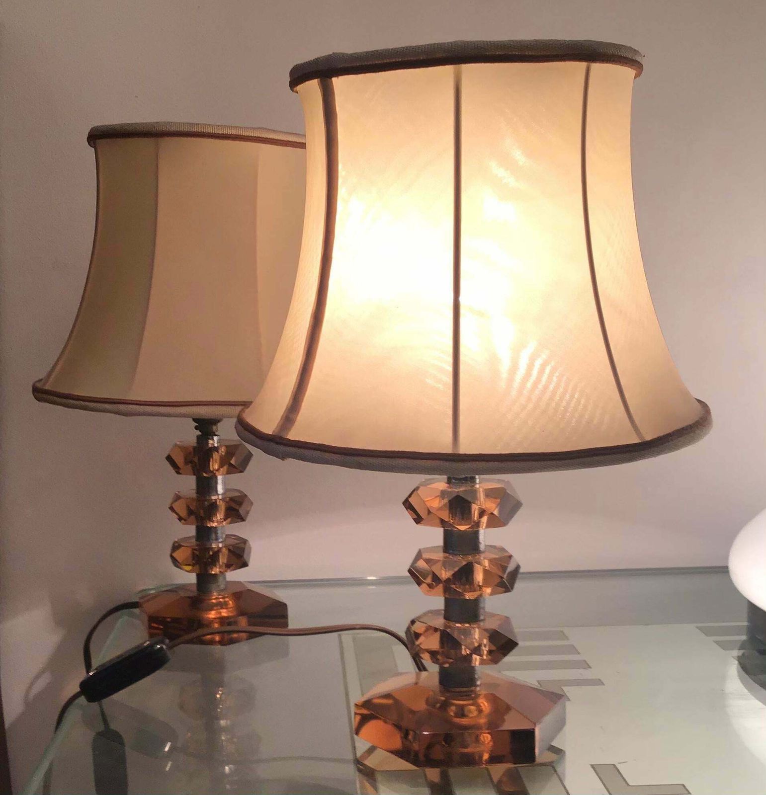 Cristal Arte Table Lamps Glass Metal Crome Fabric Lampshade, 1950, Italy photo 1359.0