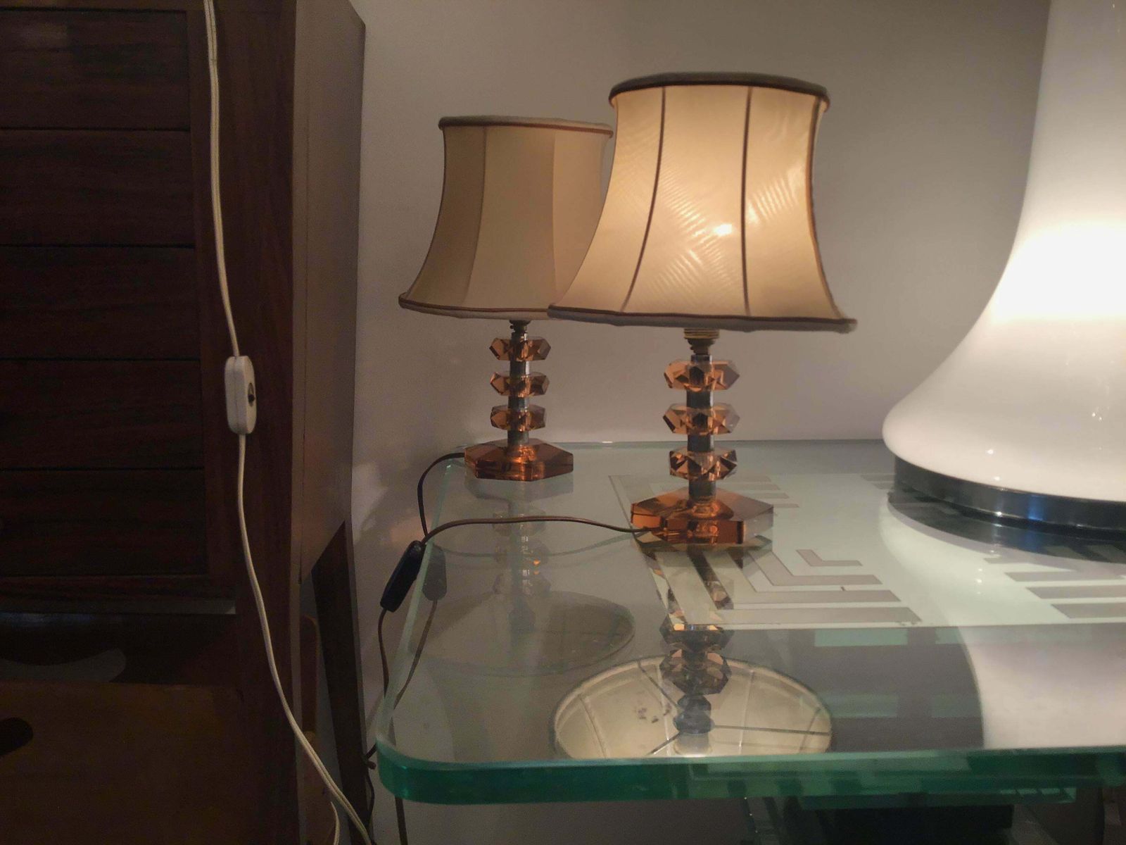 photo for sale Cristal Arte Table Lamps Glass Metal Crome Fabric Lampshade, 1950, Italy