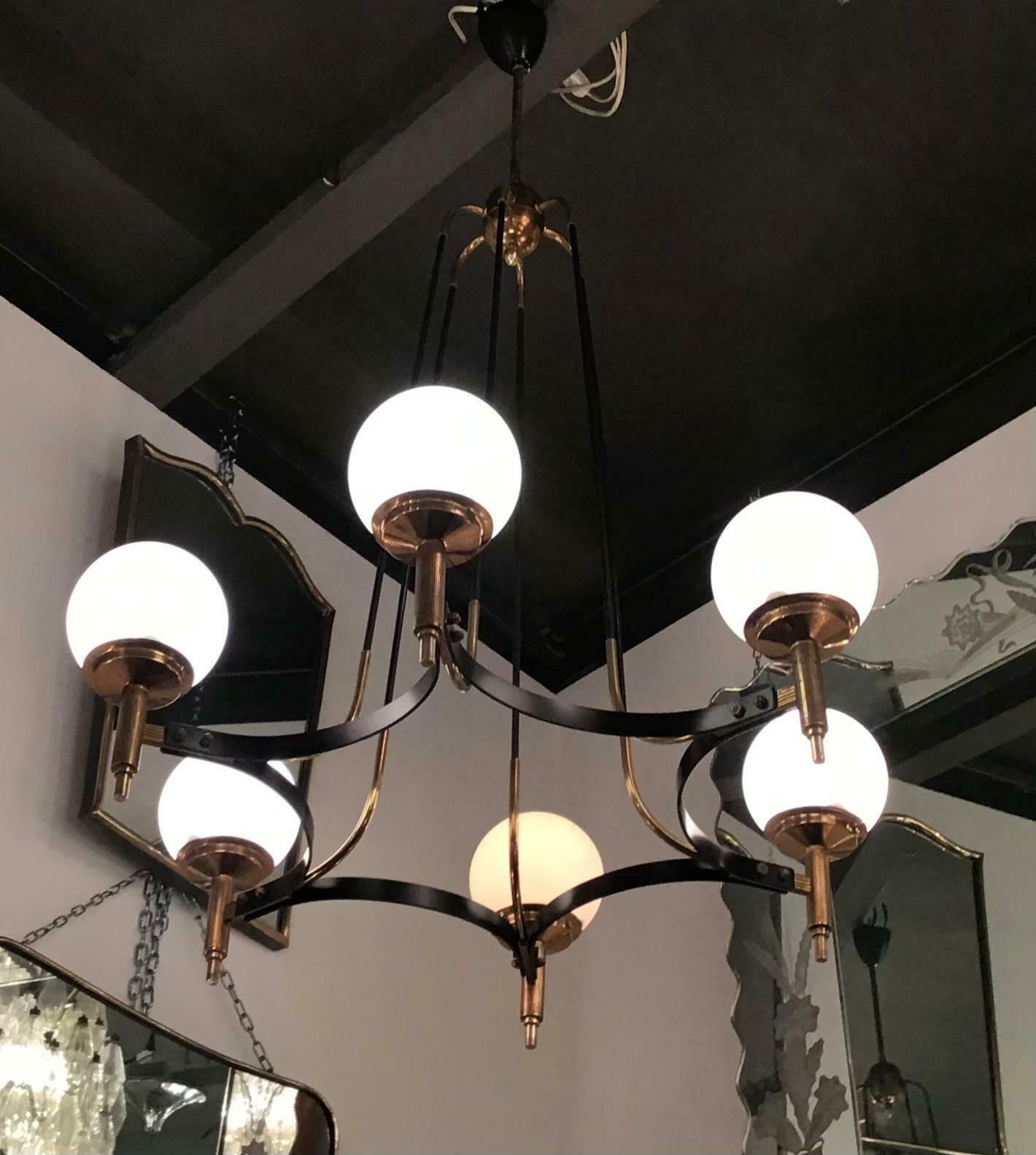 Stilnovo Chandelier Brass Opaline Glass Iron 1950 Italy photo Lighting