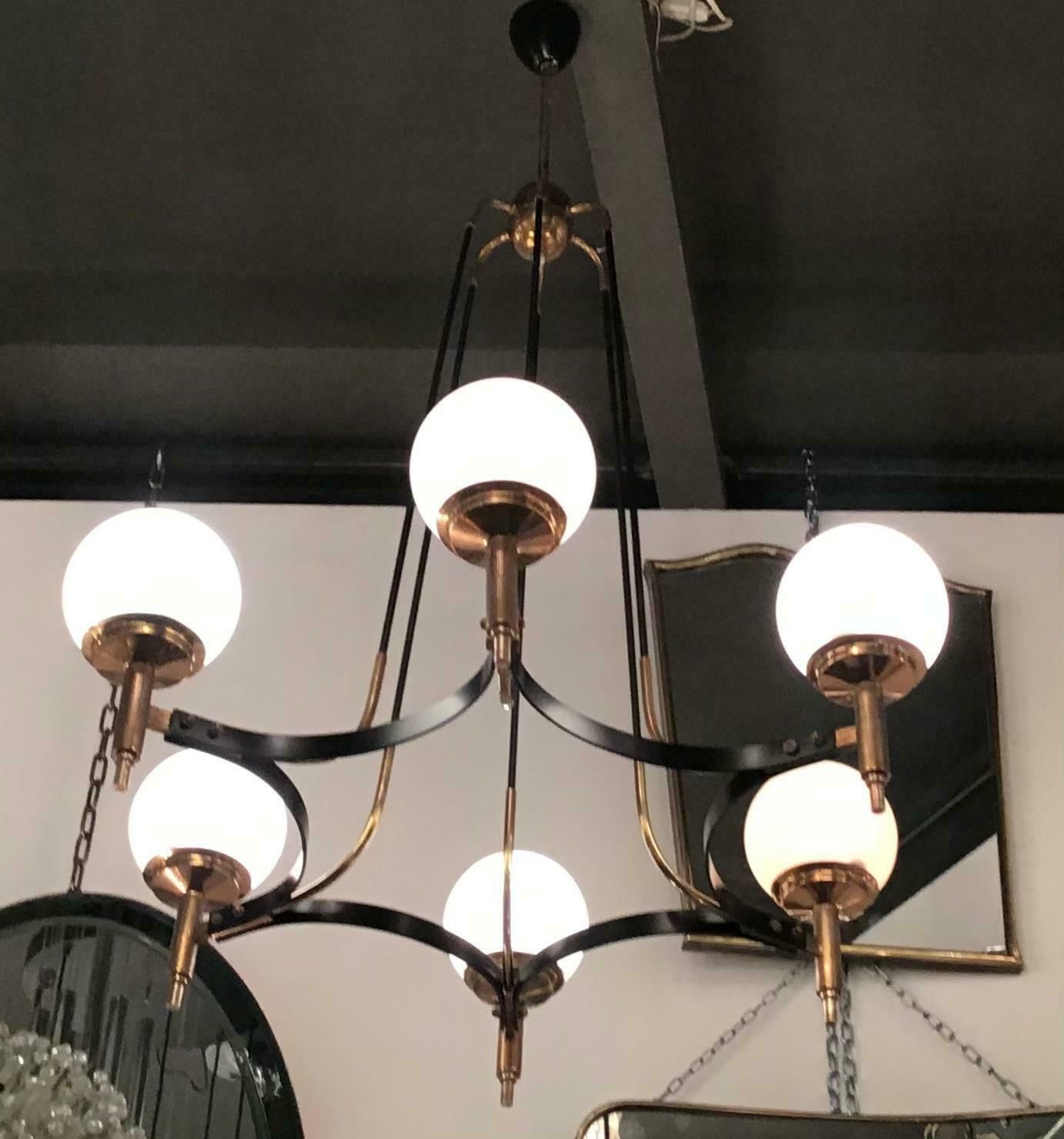 Stilnovo Chandelier Brass Opaline Glass Iron 1950 Italy photo 3442.0