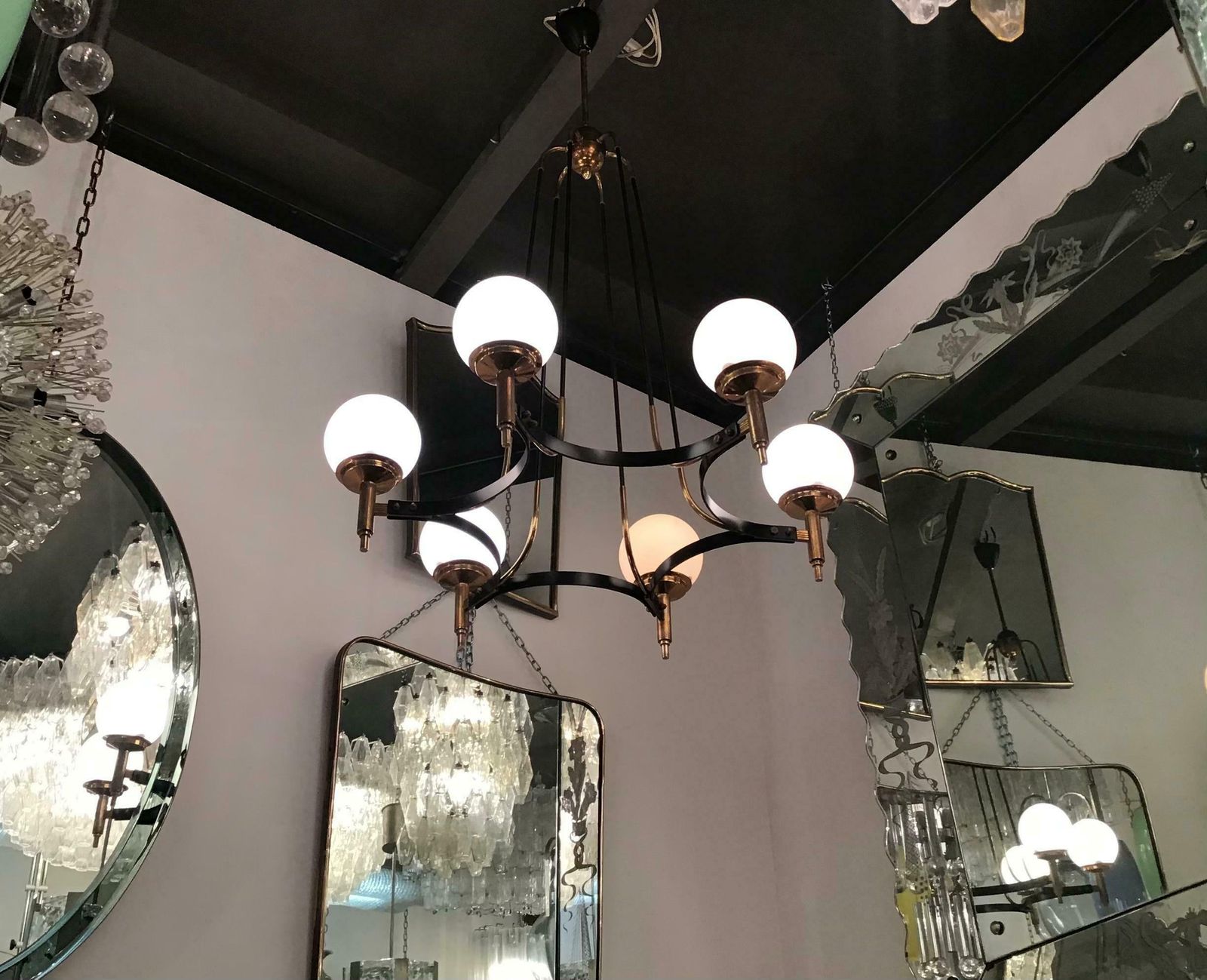 Stilnovo Chandelier Brass Opaline Glass Iron 1950 Italy photo buy