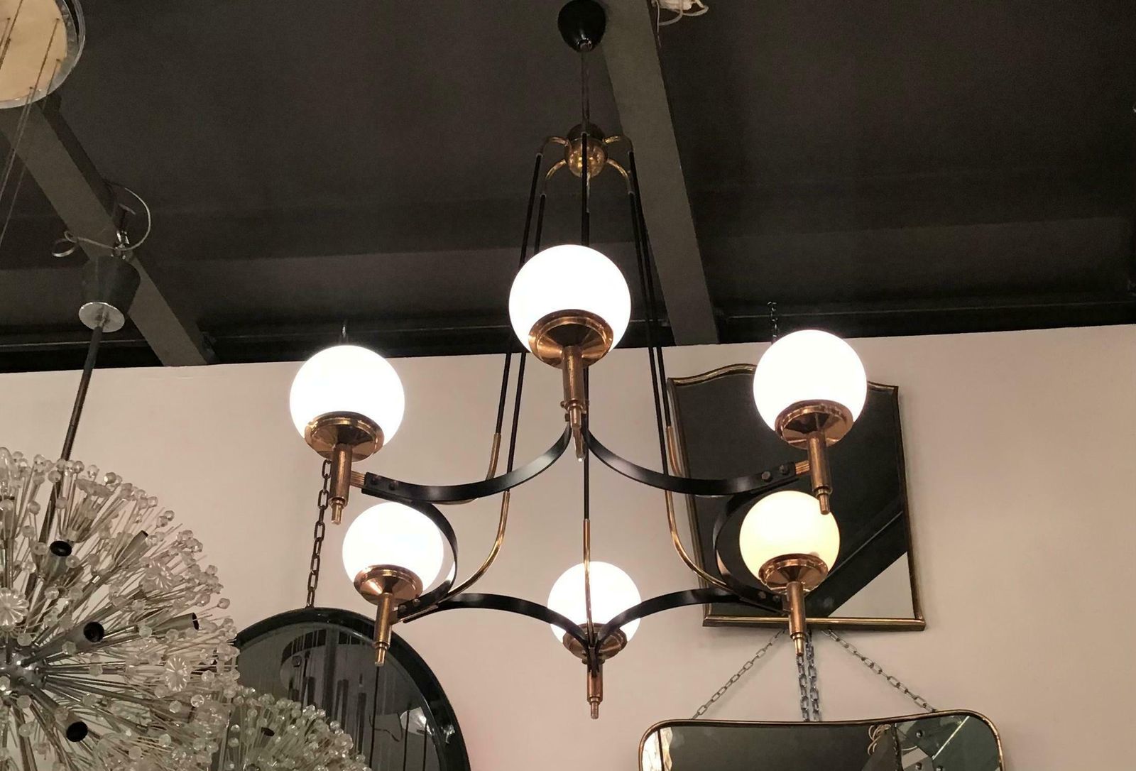 Stilnovo Chandelier Brass Opaline Glass Iron 1950 Italy photo vintage