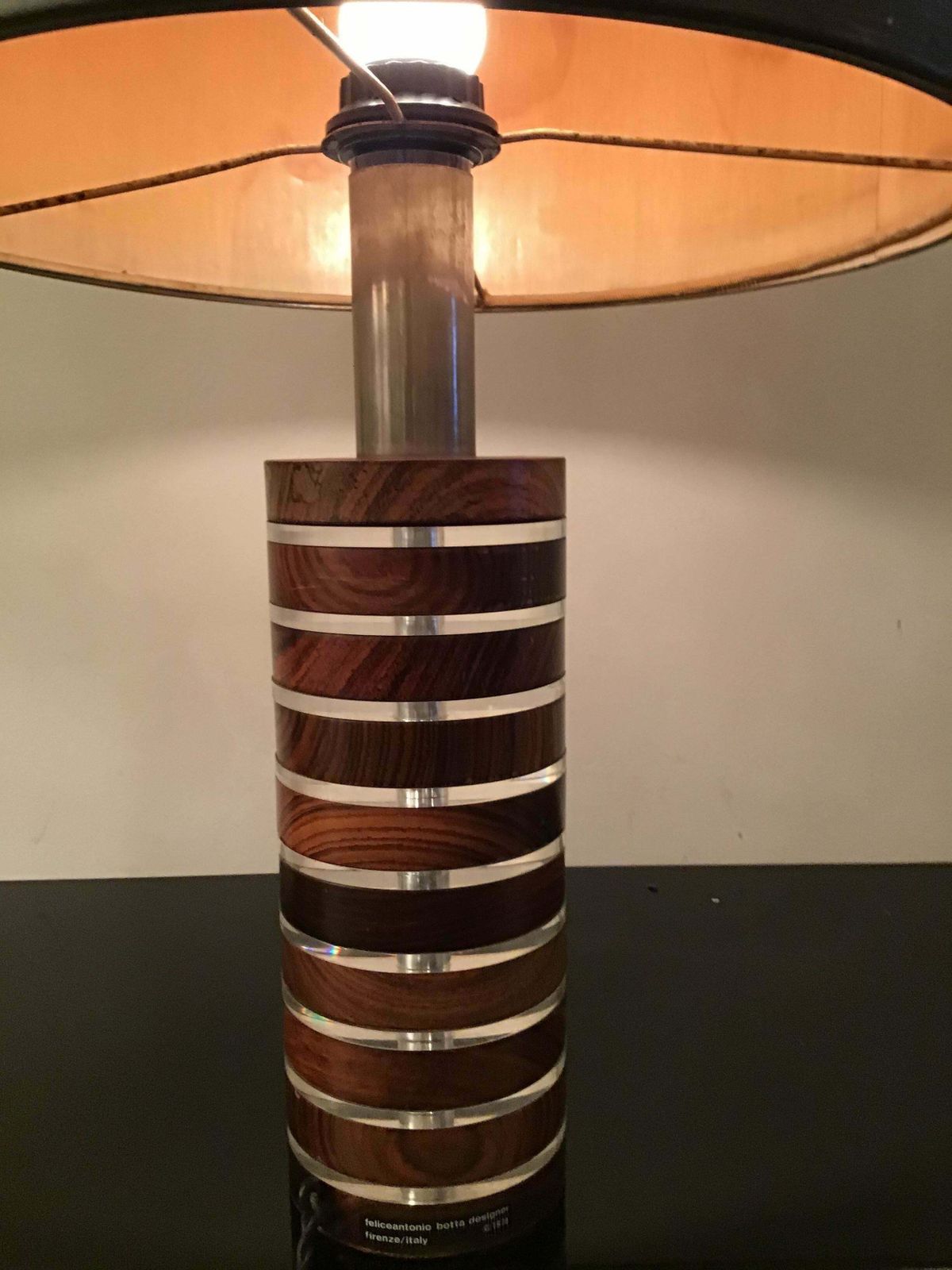 photo for sale Felice Antonio Botta Table Lamp Brass Wood Plexiglass Fabric Brass Lampshade1974