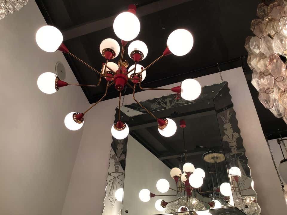 Stilnovo Chandelier 12 Light Brass Metal Opaline Glass, 1950, Italy photo 10849.0