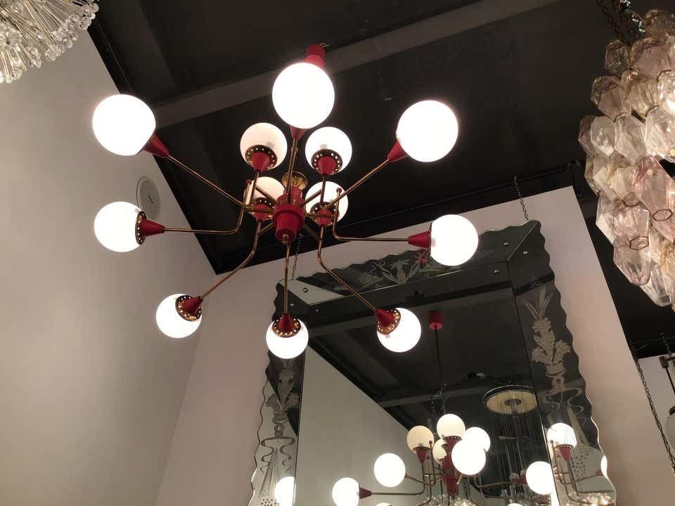 Stilnovo Chandelier 12 Light Brass Metal Opaline Glass, 1950, Italy photo vinterior
