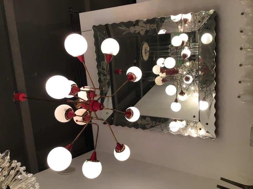photo furniture Stilnovo Chandelier 12 Light Brass Metal Opaline Glass, 1950, Italy