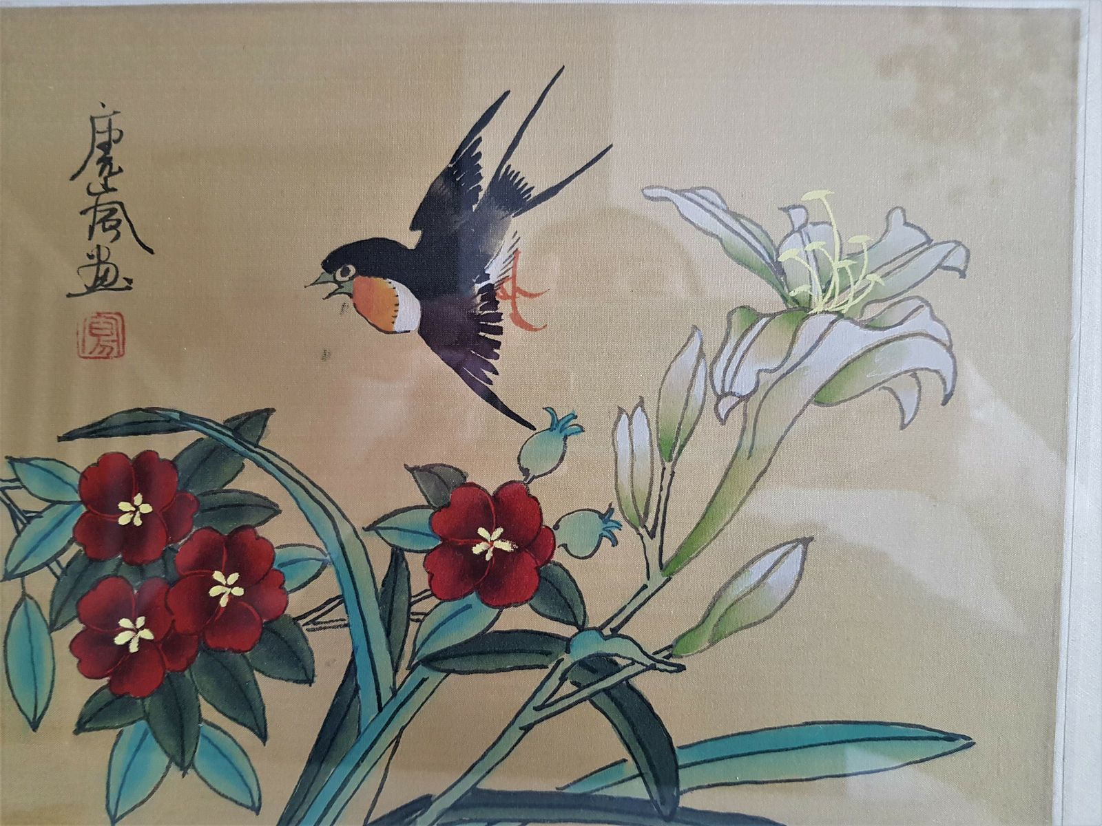 Pair Of Framed Antique Chinese Silk Paintings photo vintage
