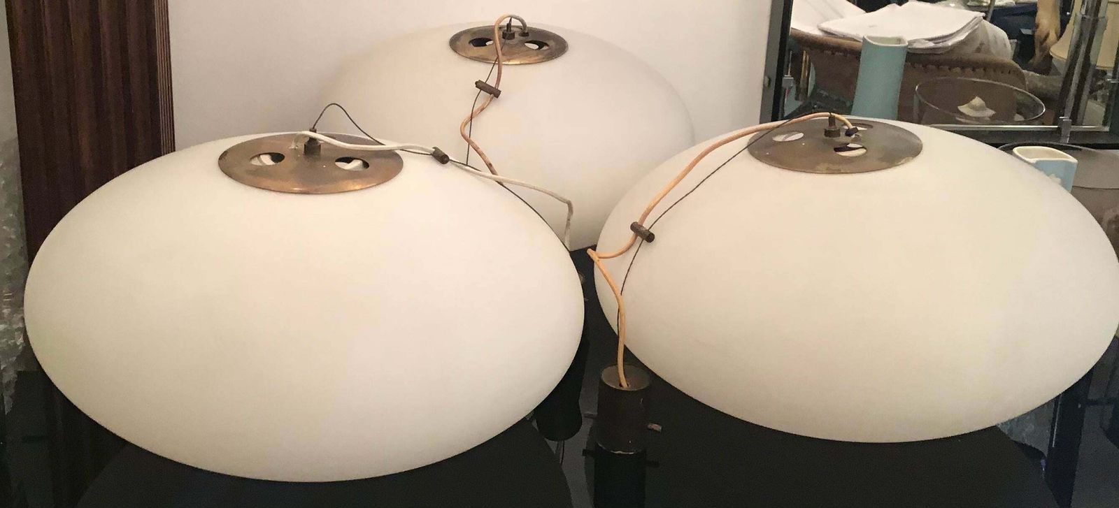 3164.0 Stilnovo Chandeliers “Cianbella” Brass Opaline Glass 1950 Italy photo