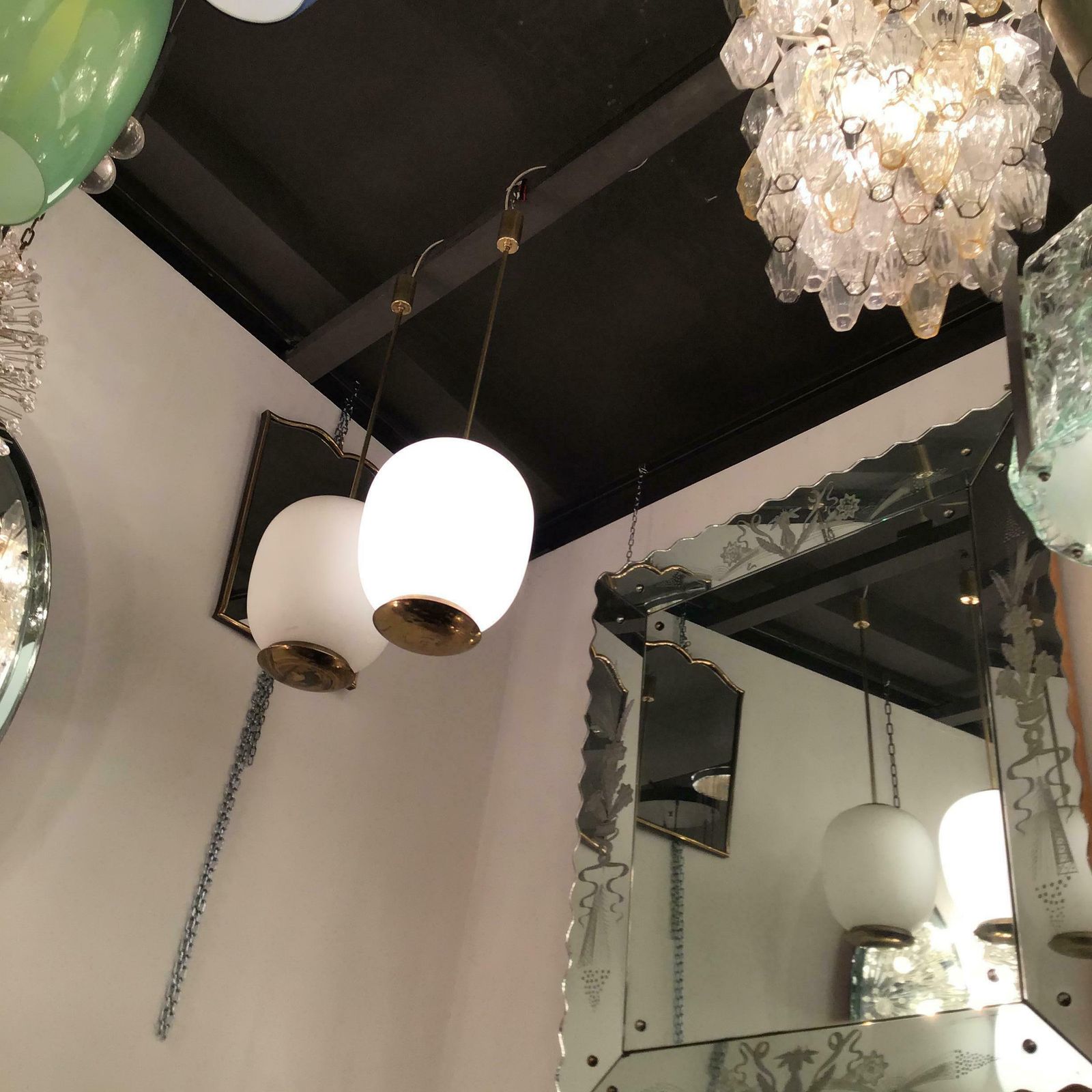 Stilnovo Couple Chandeliers Brass Opaline Glass 1950 Italy photo furniture