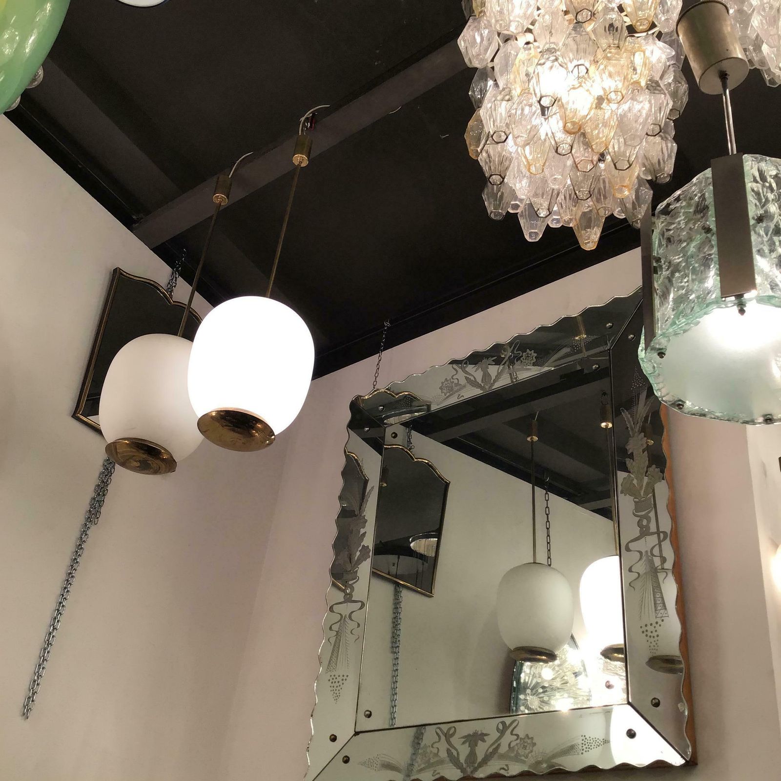 Stilnovo Couple Chandeliers Brass Opaline Glass 1950 Italy photo 3616.0