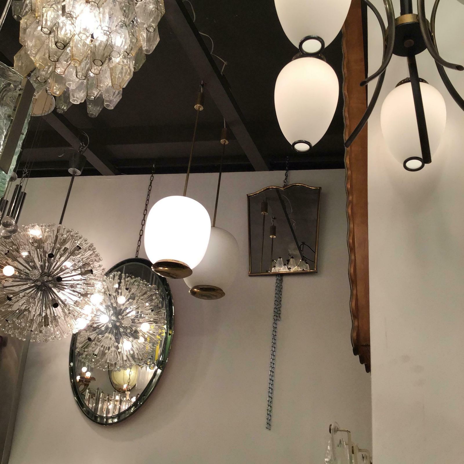 photo furniture Stilnovo Couple Chandeliers Brass Opaline Glass 1950 Italy