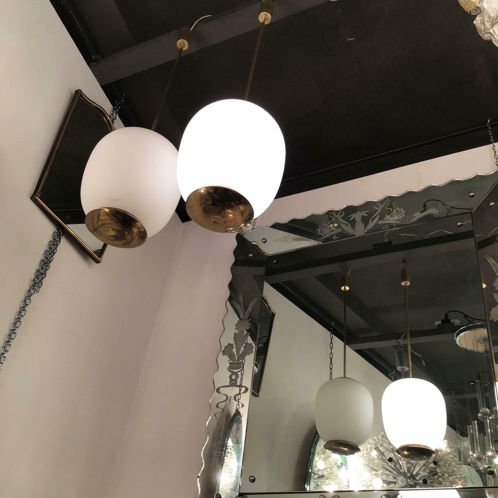 photo buy Stilnovo Couple Chandeliers Brass Opaline Glass 1950 Italy
