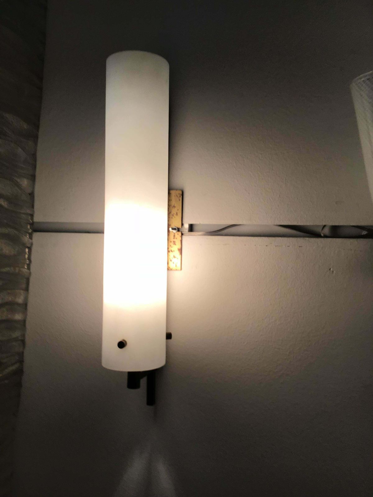 Pair Of Sconces White Opal Glasses Brass Iron Wood Attributed To Stilnovo C 1958 photo vintage