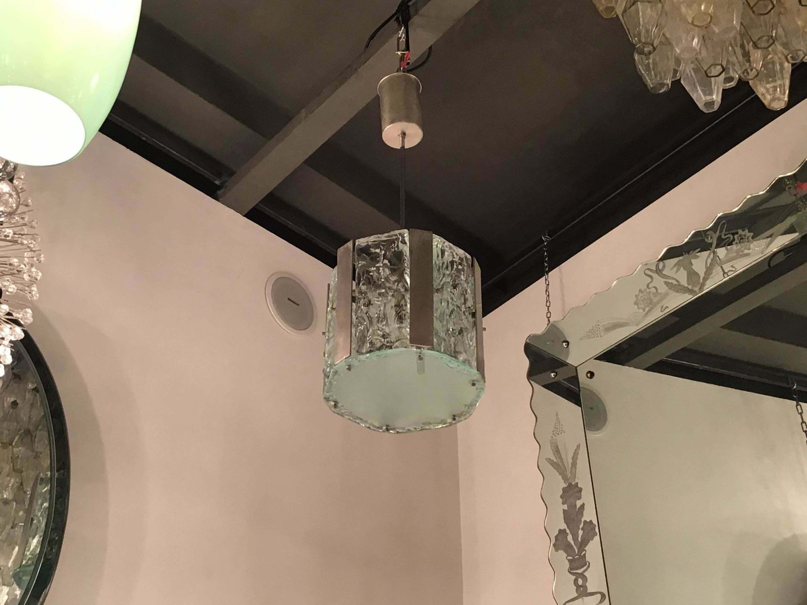 Max Ingrand Fontana Arte N 4 Chandeliers Metal Crome Glass 1950 Italy photo furniture