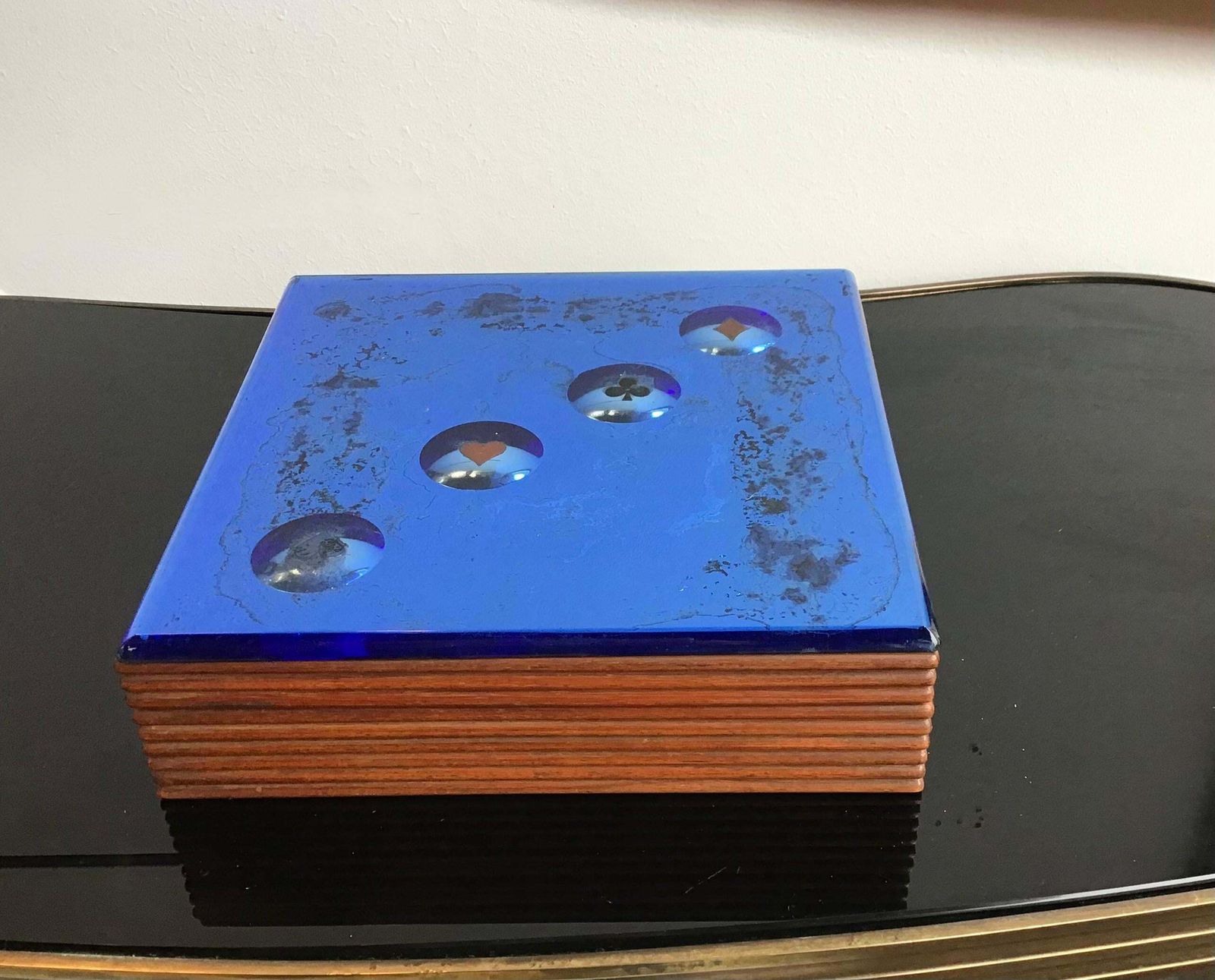 Fontana Arte Blue Mirrored Glass And Wood Game Box, 1950, Italy photo vinterior