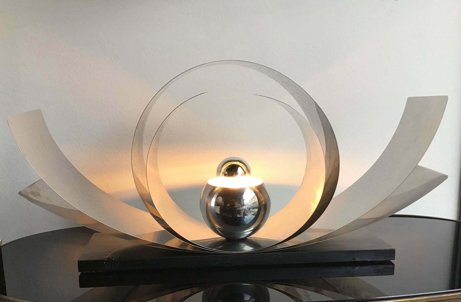 Lighting Reggiani Table Lamp Metal Crome Wood, 1970, Italy photo