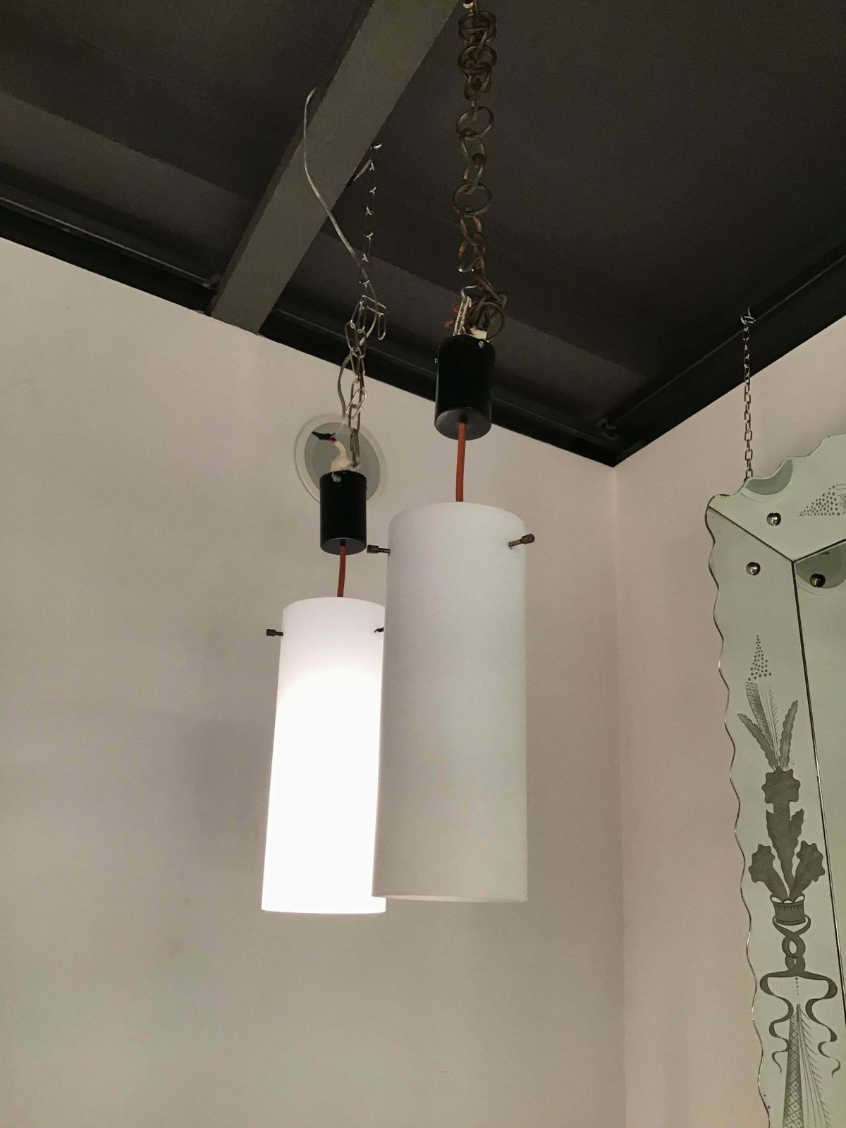 Stilnovo Chandeliers White Glass Brass Plastic 1960 Italy photo Lighting