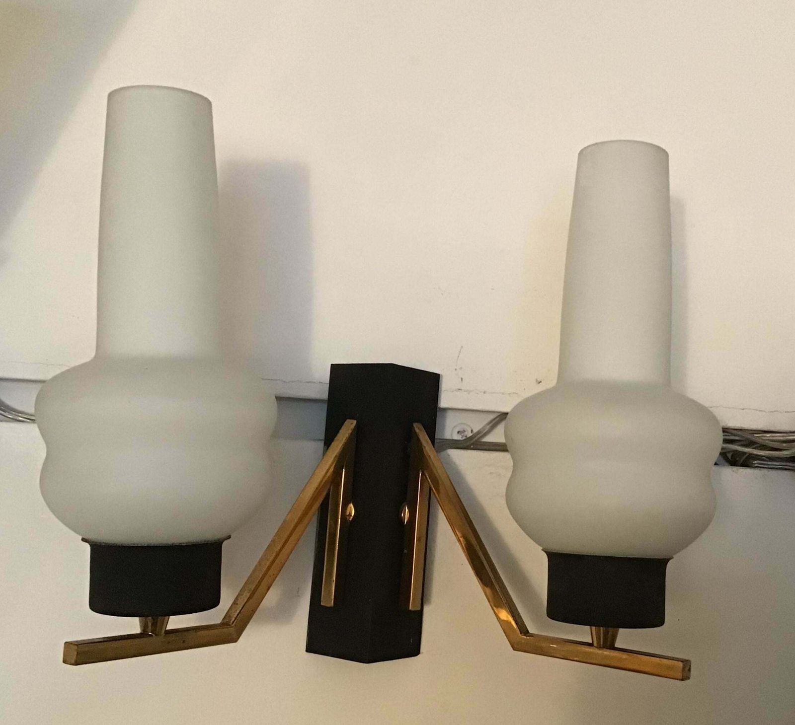 Couple Sconces Italia Brass Iron, White Opal Glass, Attrib To Stilnovo, C 1960s photo vinterior