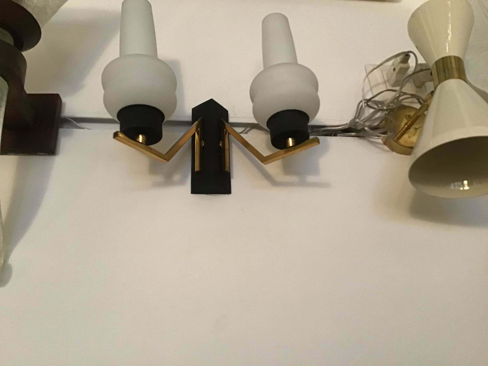 Couple Sconces Italia Brass Iron, White Opal Glass, Attrib To Stilnovo, C 1960s photo buy