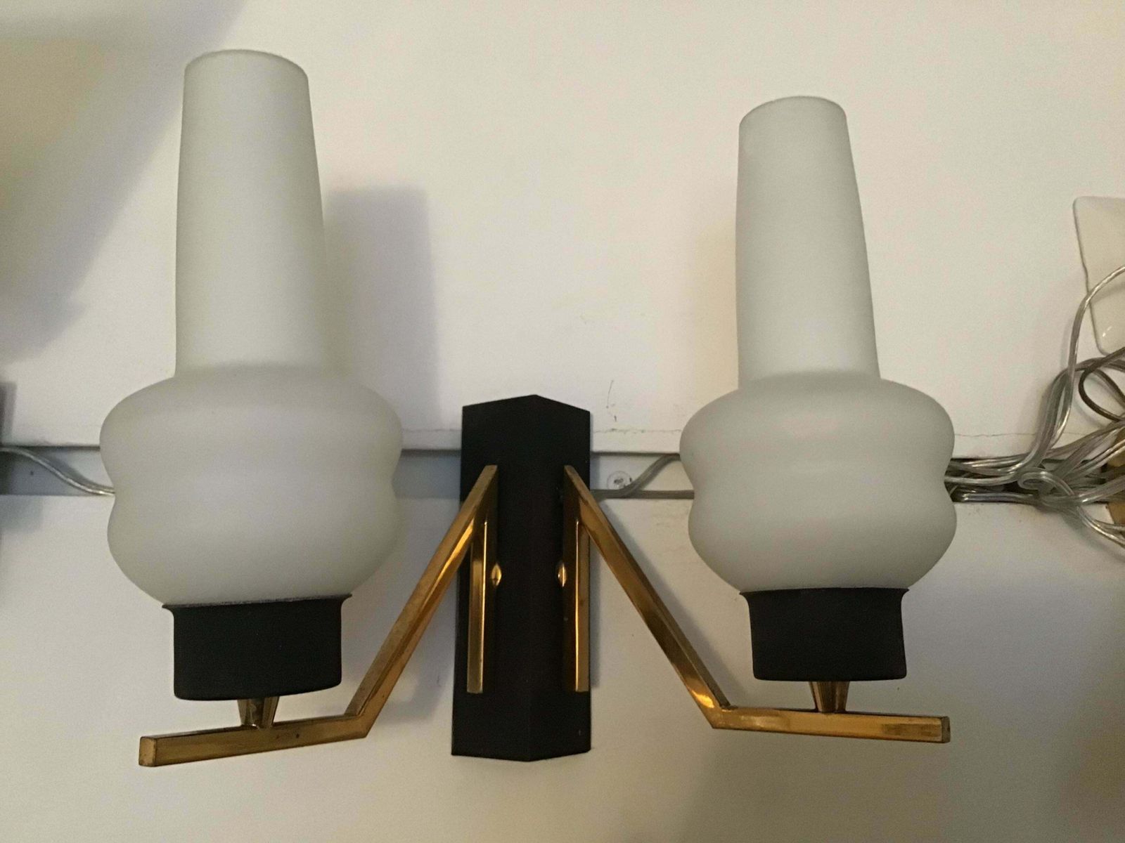 Lighting Couple Sconces Italia Brass Iron, White Opal Glass, Attrib To Stilnovo, C 1960s photo