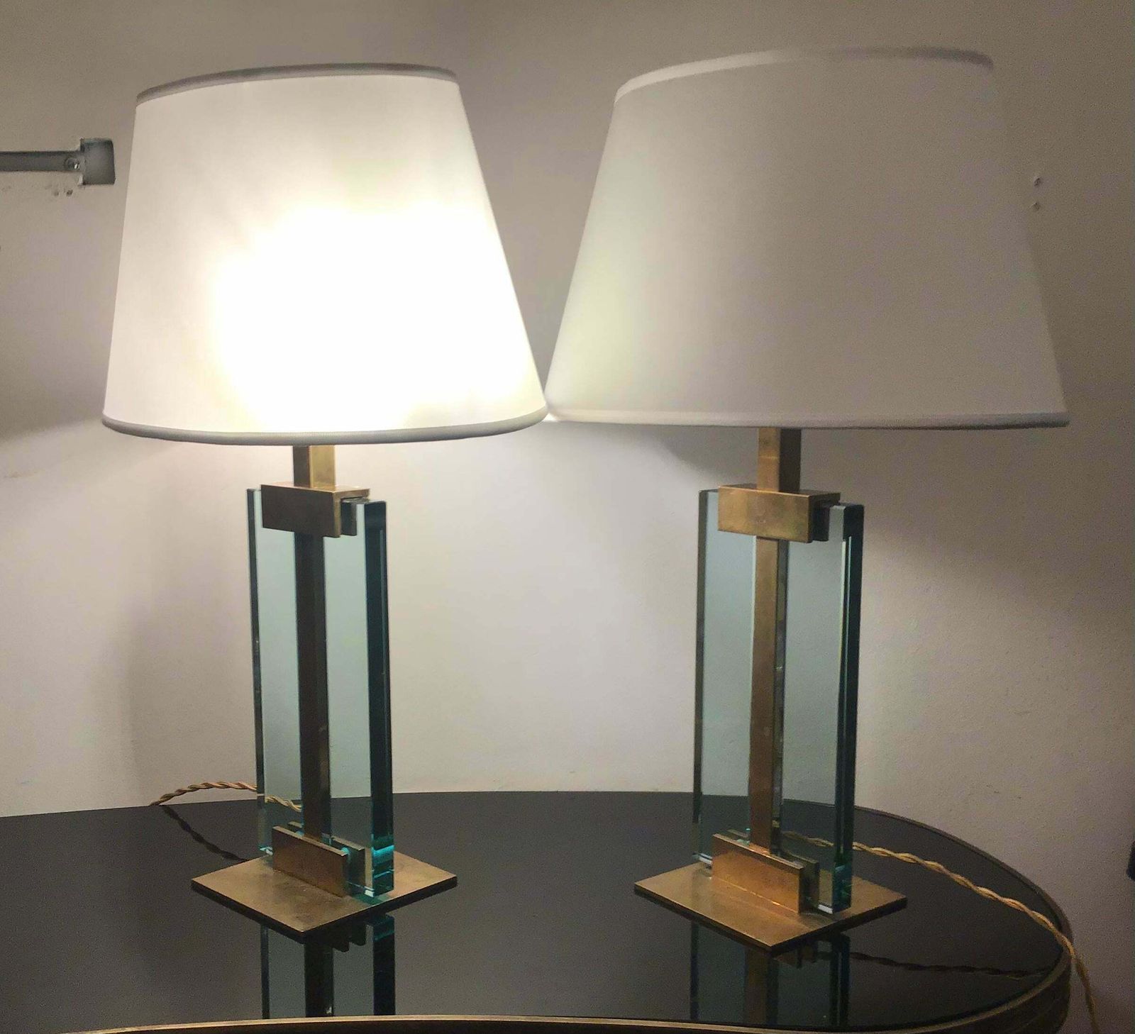 Fontana Arte Table Lamps Brass Glass Fabric Lampshade, 1950, Italy photo buy