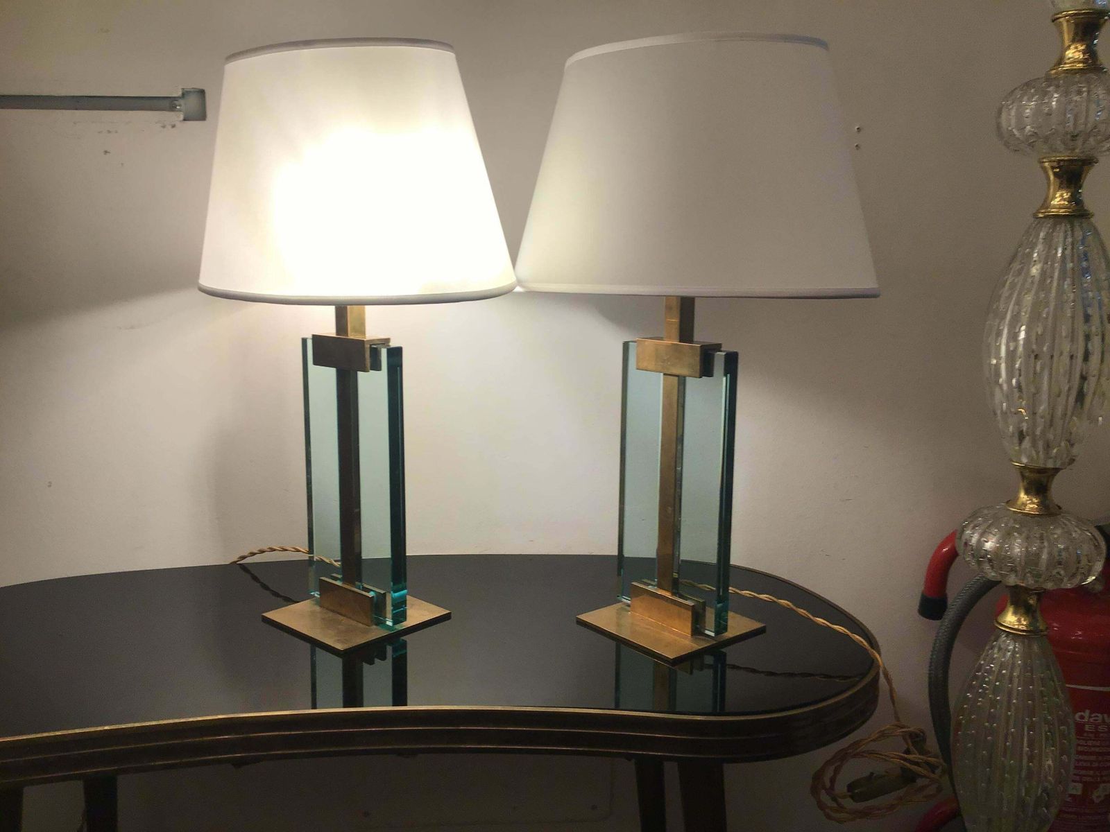 Fontana Arte Table Lamps Brass Glass Fabric Lampshade, 1950, Italy photo vintage
