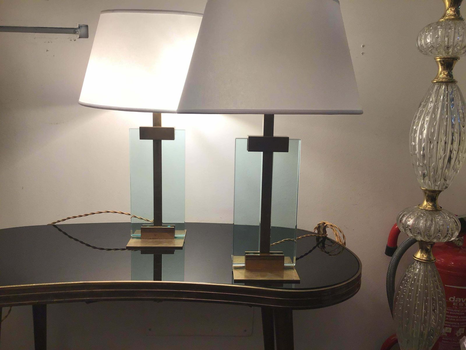 3978.0 Fontana Arte Table Lamps Brass Glass Fabric Lampshade, 1950, Italy photo