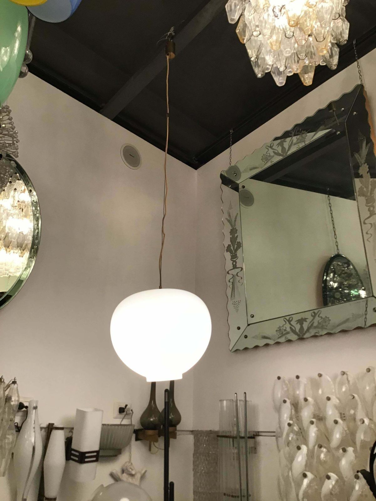 Stilnovo Chandelier Opaline Glass Brass Height Adjustable 1950 Italy photo furniture