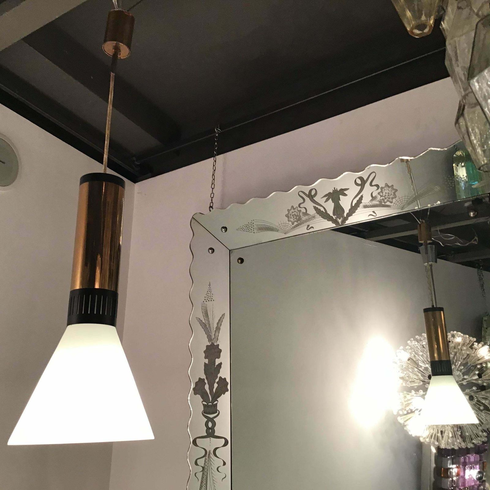 Stilnovo Chandelier Brass Opaline Glass 1950 Italy photo Lighting