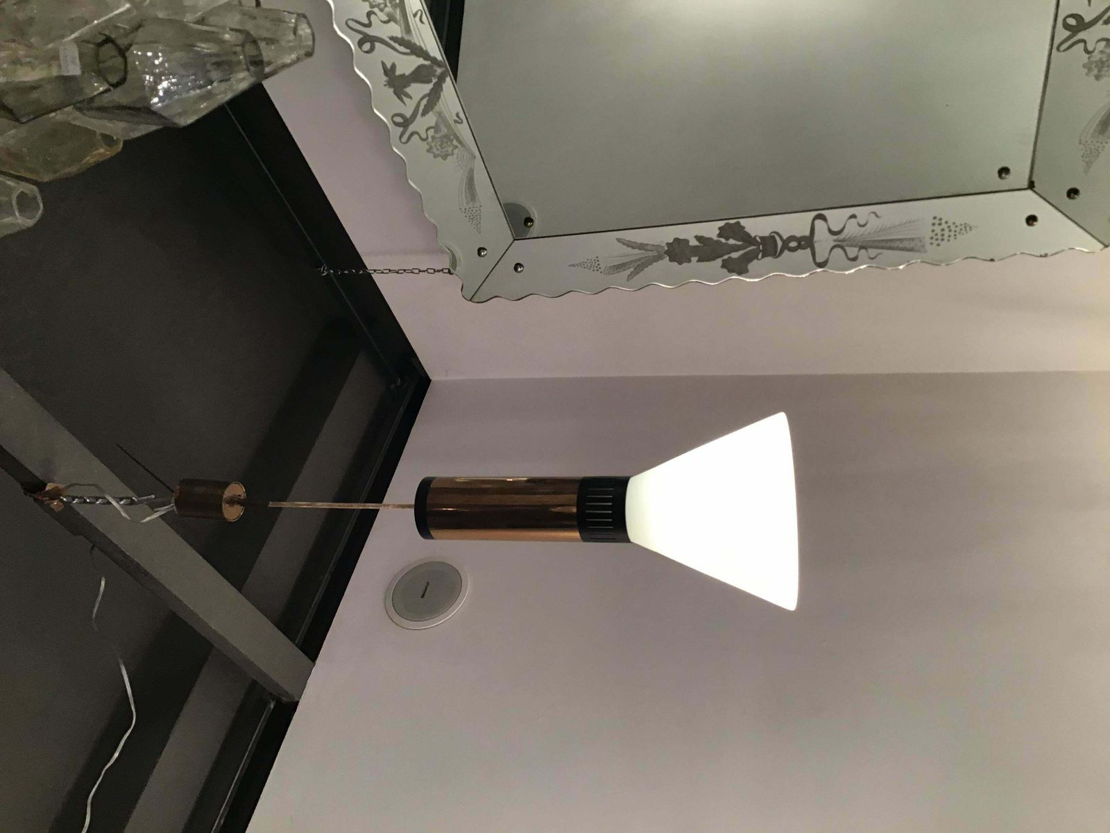 photo buy Stilnovo Chandelier Brass Opaline Glass 1950 Italy
