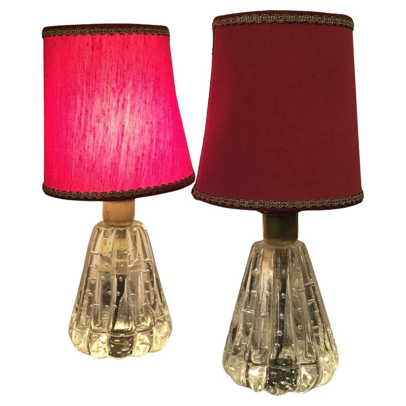 Barovier E Toso Table Lamps Murano Glass Brass Fabric Lampshade 1940 Italy