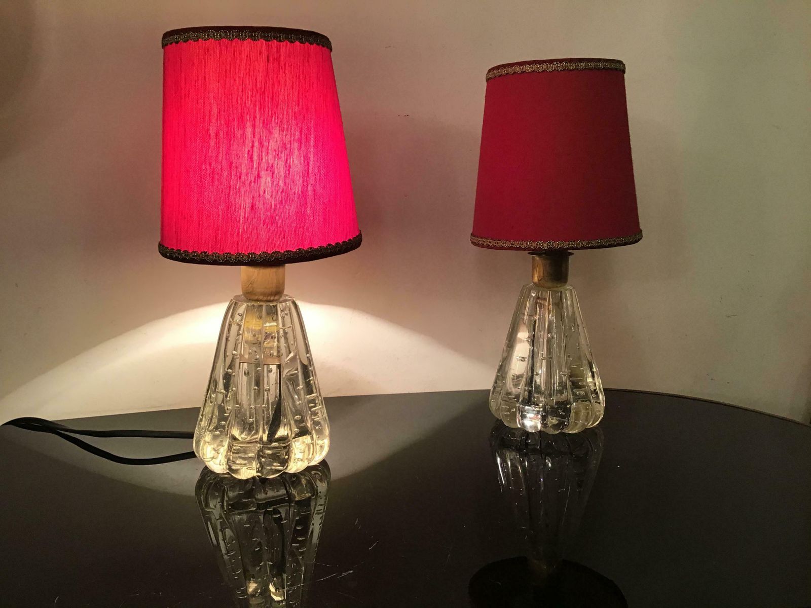 photo furniture Barovier E Toso Table Lamps Murano Glass Brass Fabric Lampshade 1940 Italy