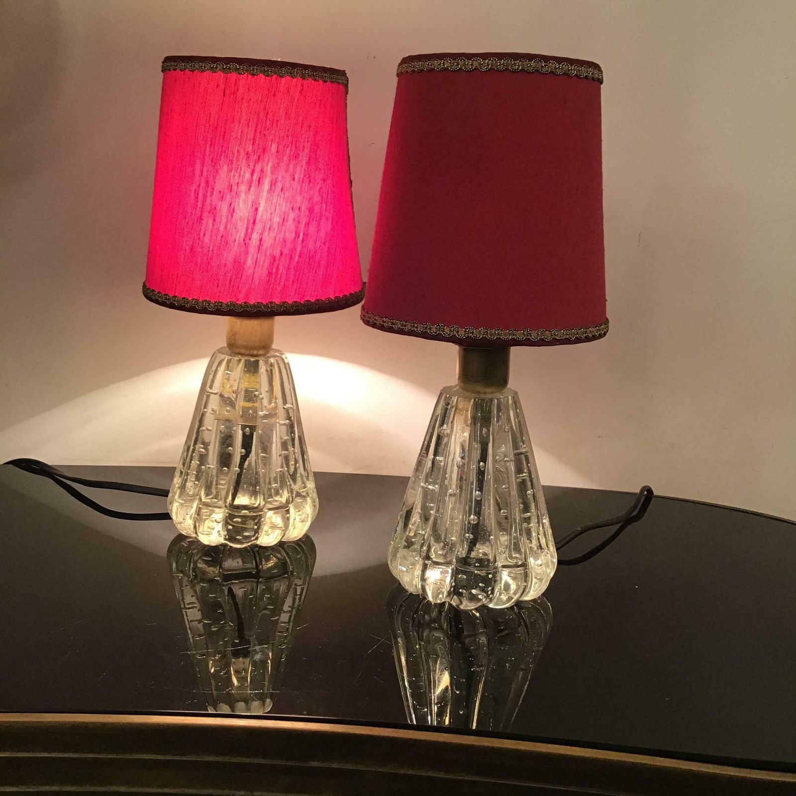 Lighting Barovier E Toso Table Lamps Murano Glass Brass Fabric Lampshade 1940 Italy photo