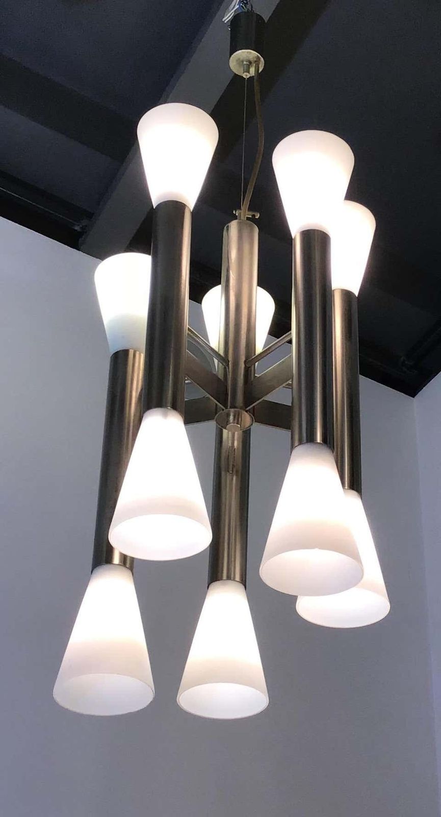 Angelo Leliichandelier Chromed Brass With Opaline Glass, 1950 photo furniture