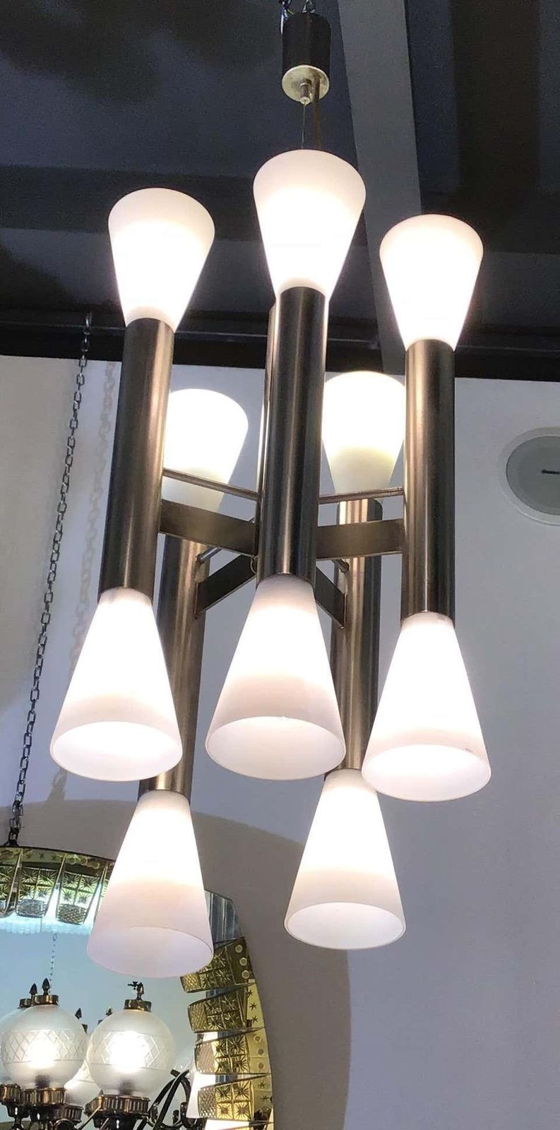 Angelo Leliichandelier Chromed Brass With Opaline Glass, 1950 photo Lighting
