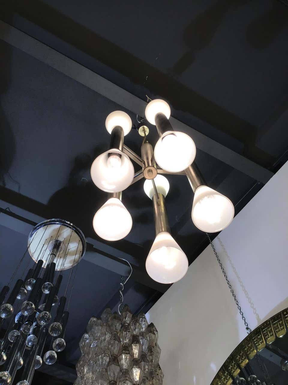 Lighting Angelo Leliichandelier Chromed Brass With Opaline Glass, 1950 photo